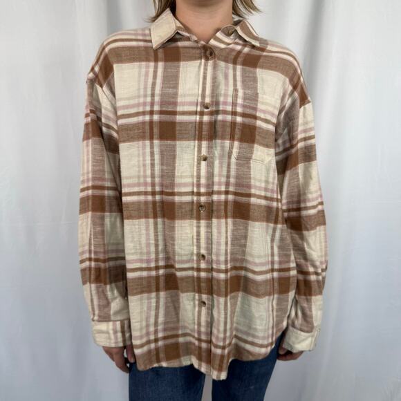 Altar'd State Oversized Brown and Pink Plaid Button-Up Blouse Medium - Picture 1 of 8